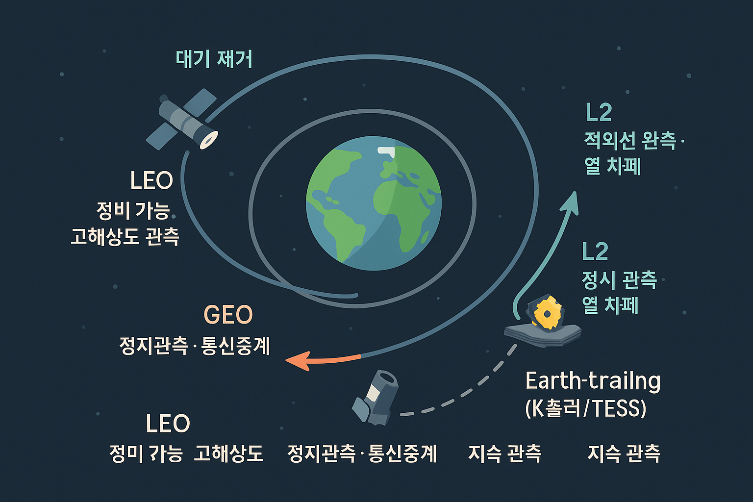 우주 망원경이 지구 주위 및 특수 궤도에서 관측하는 이유와 각 궤도의 특징
