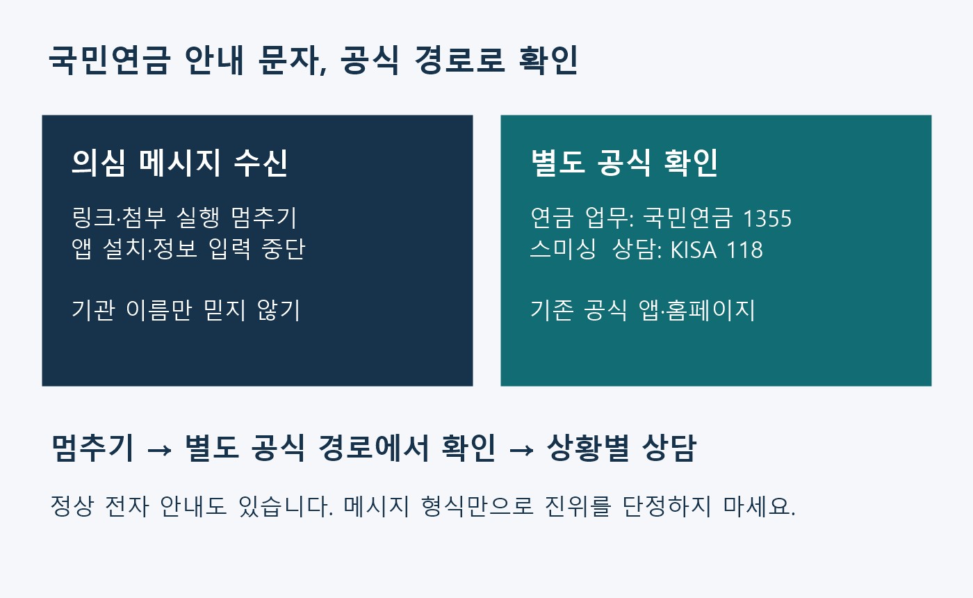 의심 연금 문자의 링크와 앱 설치를 멈추고 국민연금 1355 또는 KISA 118 등 별도 공식 경로로 확인하는 절차 도표