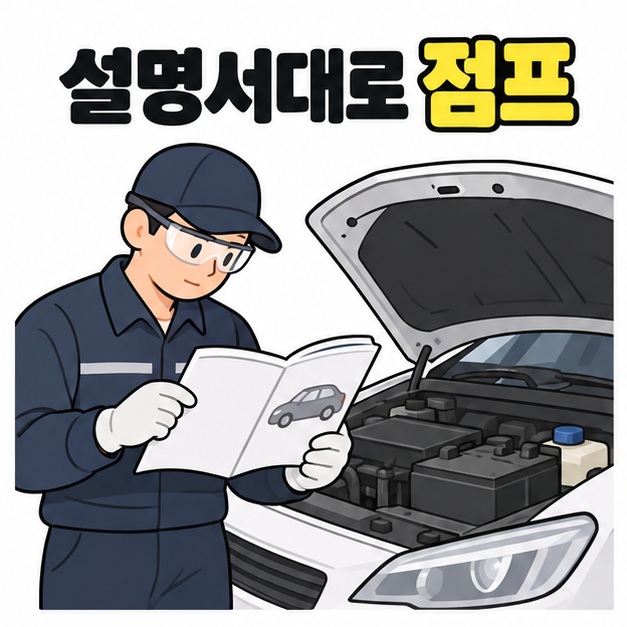 설명서대로 점프 문구 아래 장갑과 눈 보호구를 착용한 정비사가 열린 후드 옆에서 자동차 그림이 있는 설명서를 읽는 모습