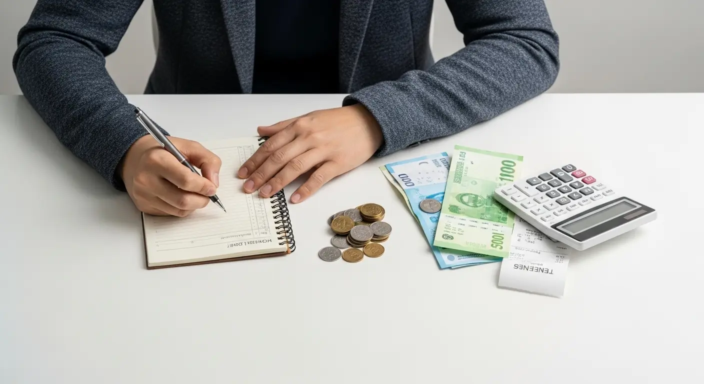 한 사람이 가계부를 펼쳐놓고, 자신의 수입과 지출을 꼼꼼히 계산하며 재무 계획을 다시 세우는 모습