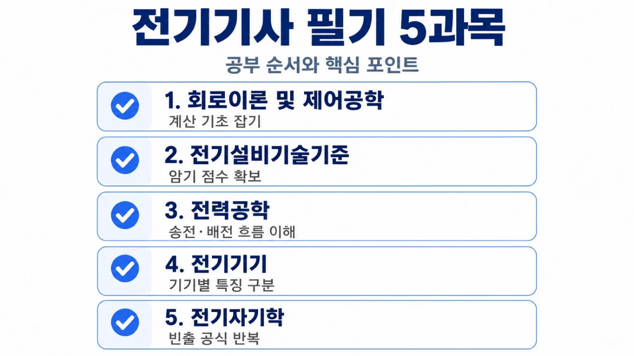전기기사 필기 5과목 난이도와 공부 방향을 비교한 표 이미지