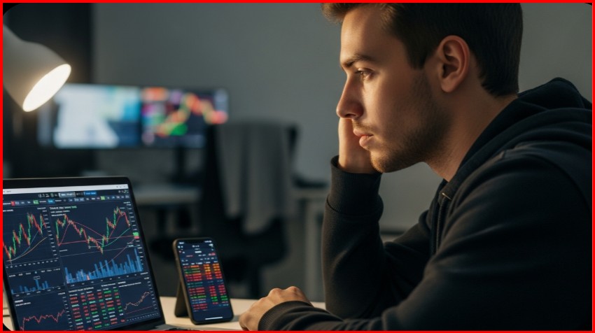 젊은 사람이 주식모니터를 보며 고민하는 사진