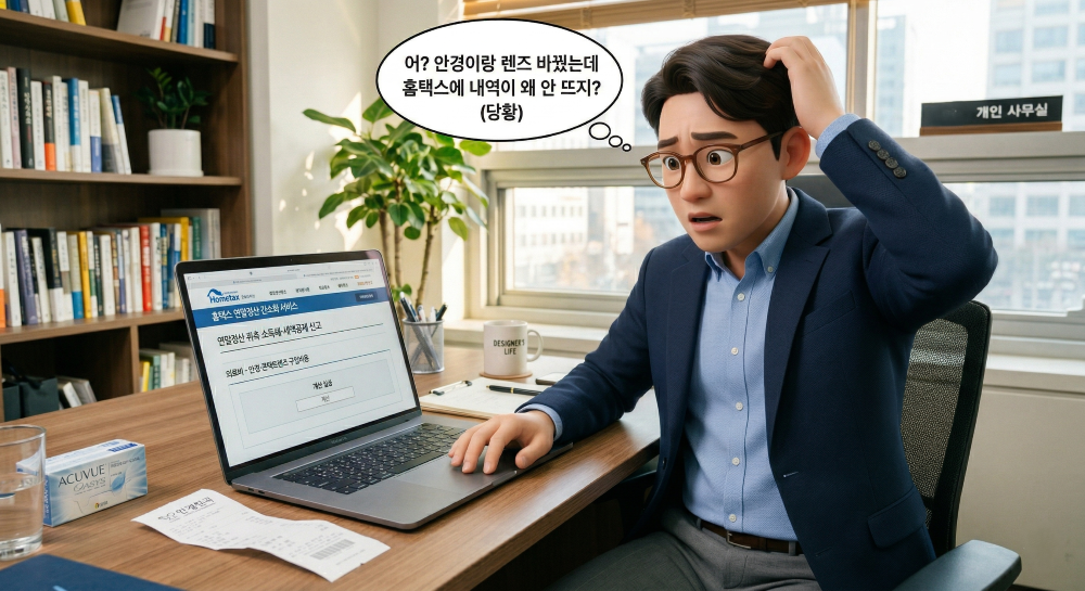 안경구입내역이 홈택스에 안나오는 상황을 연출한 캐릭터 이미지