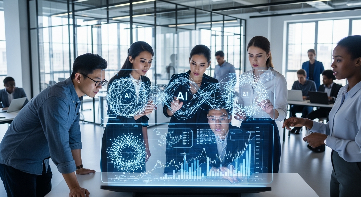 첨단 오피스에서 다양한 전문가들이 AI 알고리즘과 재정 차트를 보며 협력하는 모습