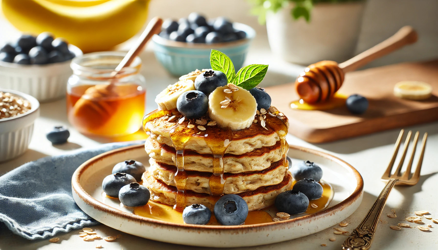 접시에 담긴 노릇노릇한 오트밀 바나나 팬케이크, 위에 블루베리와 꿀이 살짝 뿌려진 모습. 건강한 아침 식사 느낌을 강조