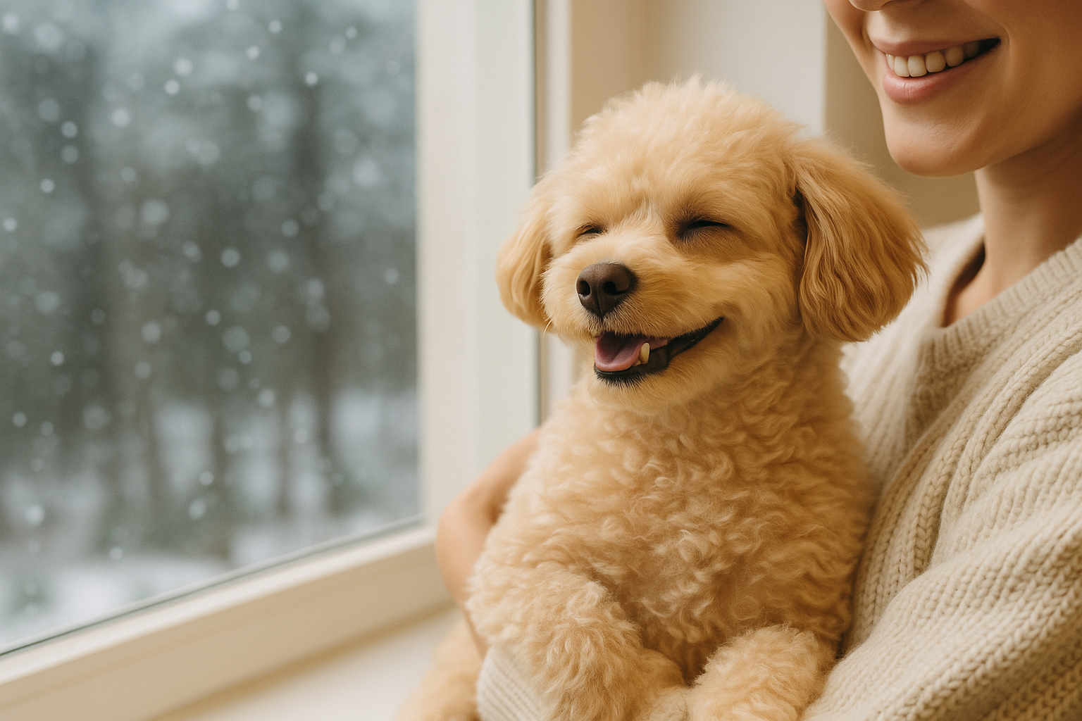 따뜻한 햇살 아래 미소 짓는 강아지와 보호자 이미지