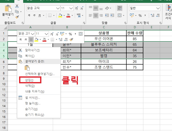 메뉴창에서 삽입 버튼 보임