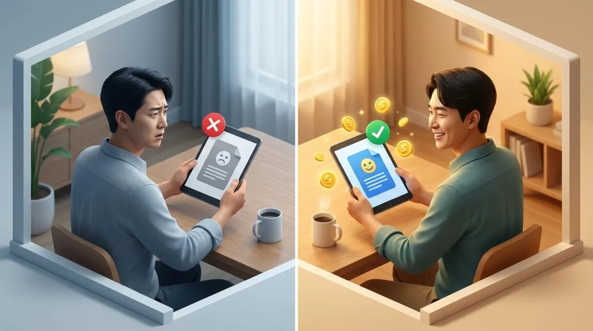 에너지 캐시백 신청 성공과 실패 사례를 비교하는 인포그래픽