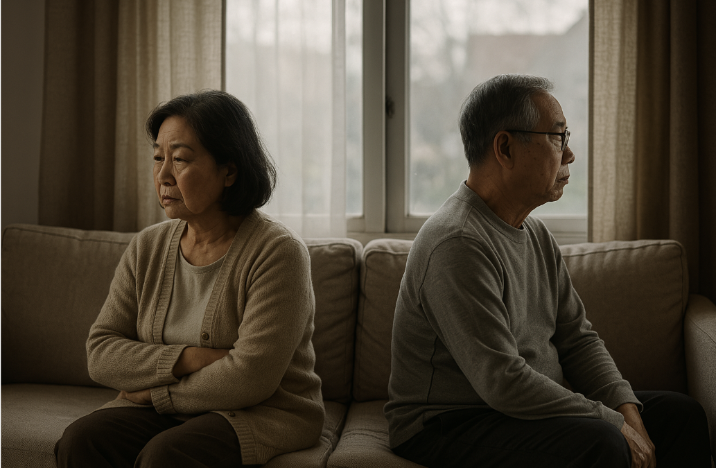 황혼 이혼을 앞둔 부부가 서로 등지고 앉아있는 모습