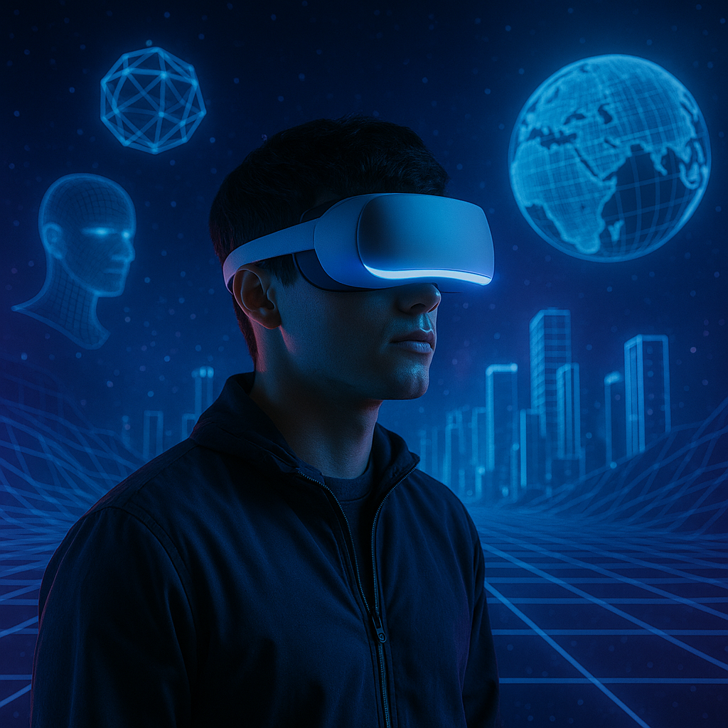 홀로그램 형태의 3D 공간 UI와 한글 타이포 모티프가 공중에 겹쳐 보이는 미래적 장면으로, 디지털 기술과 한국적 미감이 융합되는 이미지를 묘사한다.