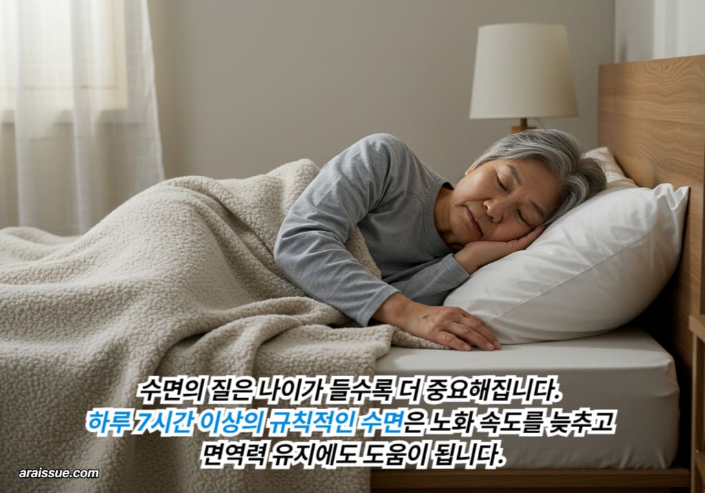 침실의 조용한 분위기 속에서 노년 여성이 포근한 이불을 덮고 편안하게 깊은 잠에 들어 있는 모습