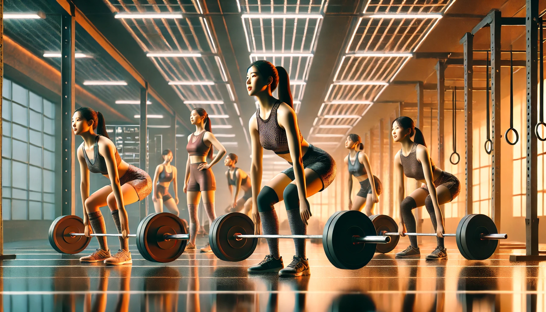 근력 운동을 하는 한국 여성들, 데드리프트 자세, 현대적인 헬스장, 강한 여성, 피트니스 열정, 운동하는 여성, 웨이트 트레이닝