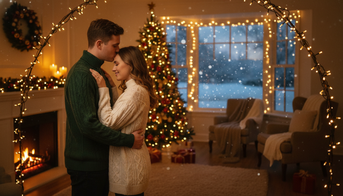 크리스마스 트리 불빛 아래서 서로를 포옹하는 연인의 따뜻하고 로맨틱한 순간, 겨울 밤의 마법 같은 사랑