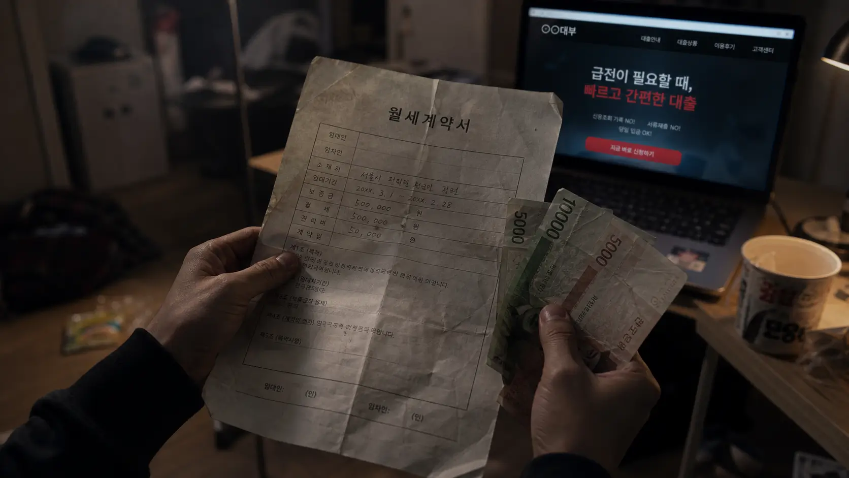 월세 보증금 담보 대출 사기 위험성에 노출된 신용불량자의 절박한 상황 묘사