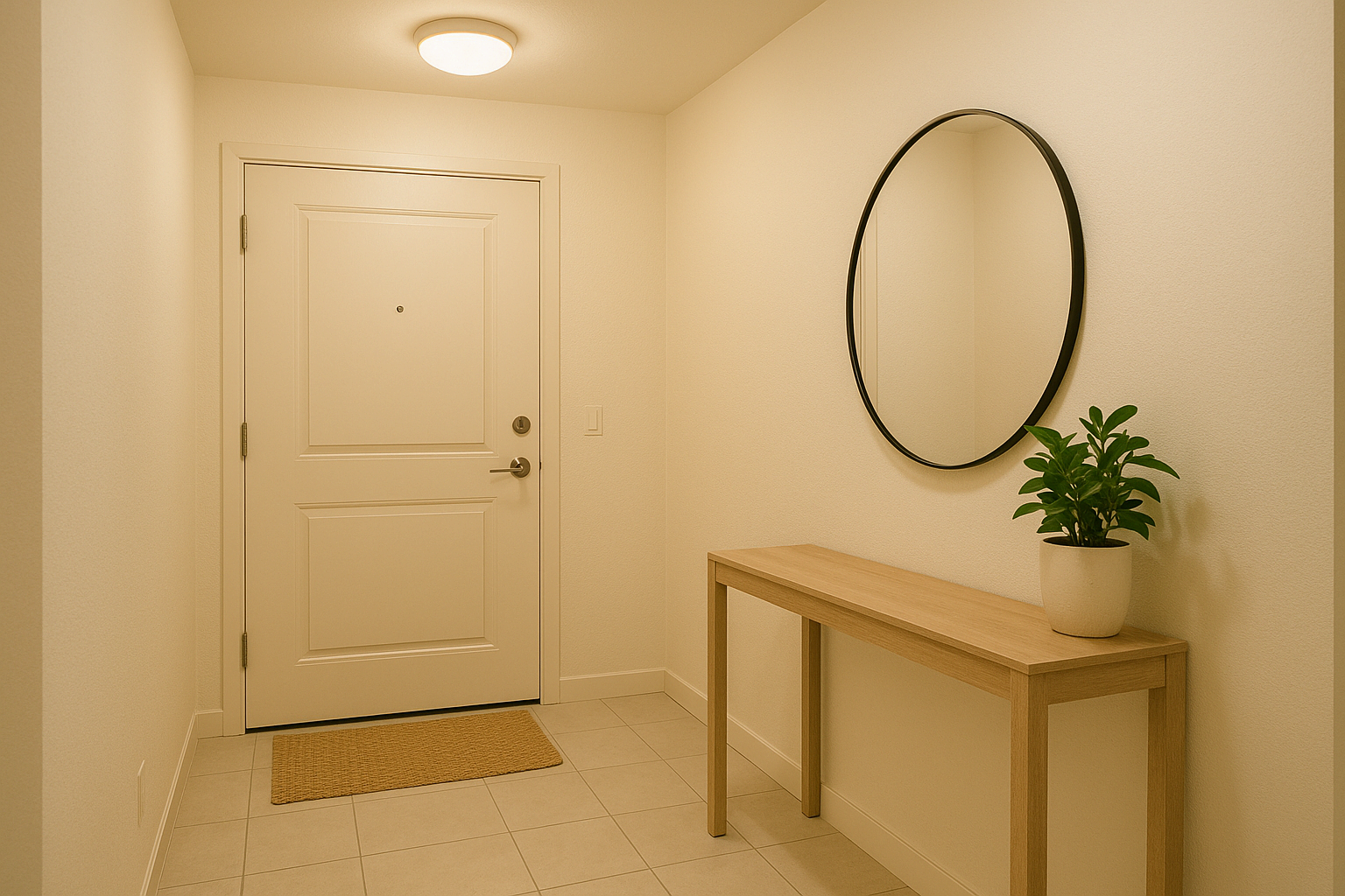 따뜻한 조명이 켜진 밝은 현관 인테리어