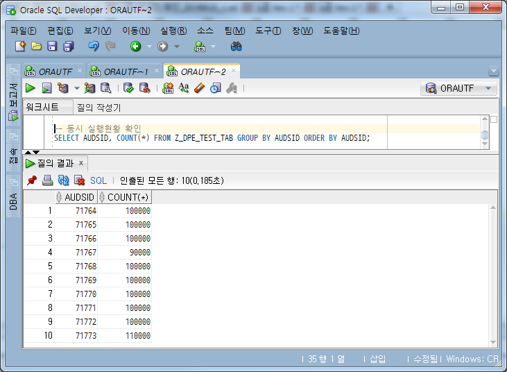 세션별 처리한 데이터 건수 확인