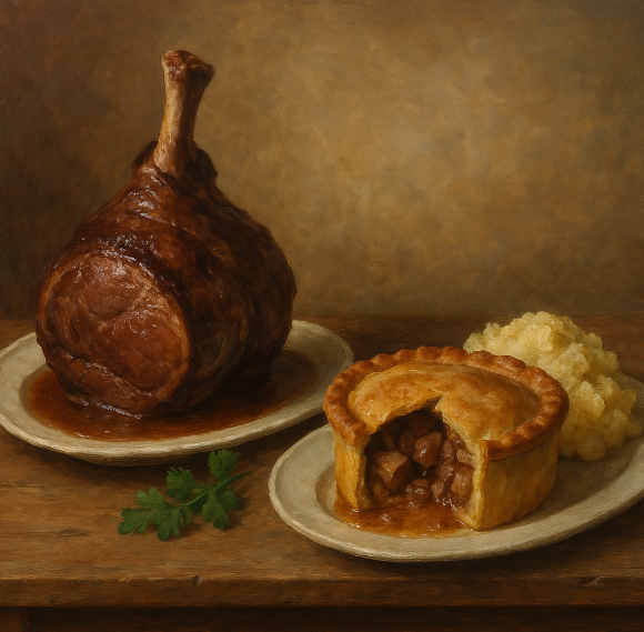 사슴고기구이(좌)와 고기파이(우) 이미지입니다.