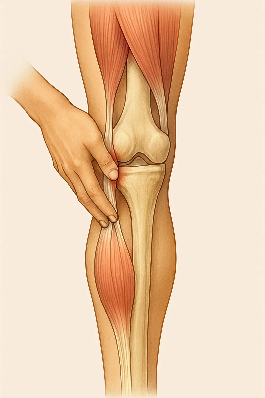 무릎-뒤쪽이-당기는-느낌의-원인을-표현한-의학적-일러스트-햄스트링-긴장과-건초염-위험부위-강조
