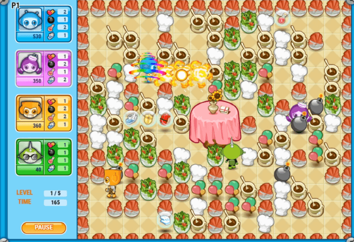 봄잇4-게임하기-플레이-P1이-수류탄을-던져-벽을-부수는-화면