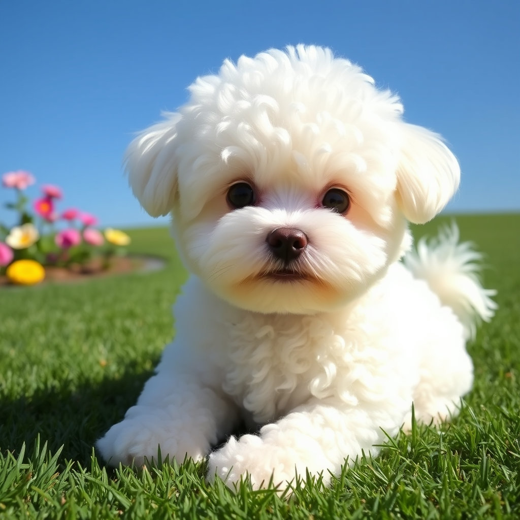 푸들과 비숑의 믹스견 푸숑이 잔디밭에 엎드려 있다.