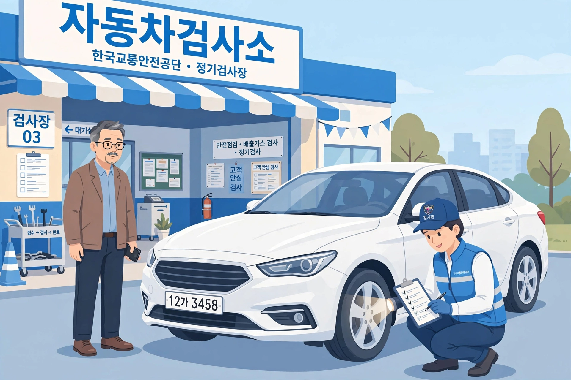 자동차 검사소에서 정기검사를 받는 50대 운전자