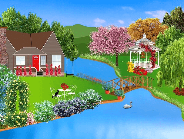 파란 강물이 흐르고 왼쪽에는 갈색 지붕의 단독주택이 있다. 주택 마당에는 푸른 잔디와 노란장미, 하얀 꽃, 분홍꽃들이 만발하고, 오른쪽에는 분홍색 벚나무랑 빨간 장미가 가득 피었다.