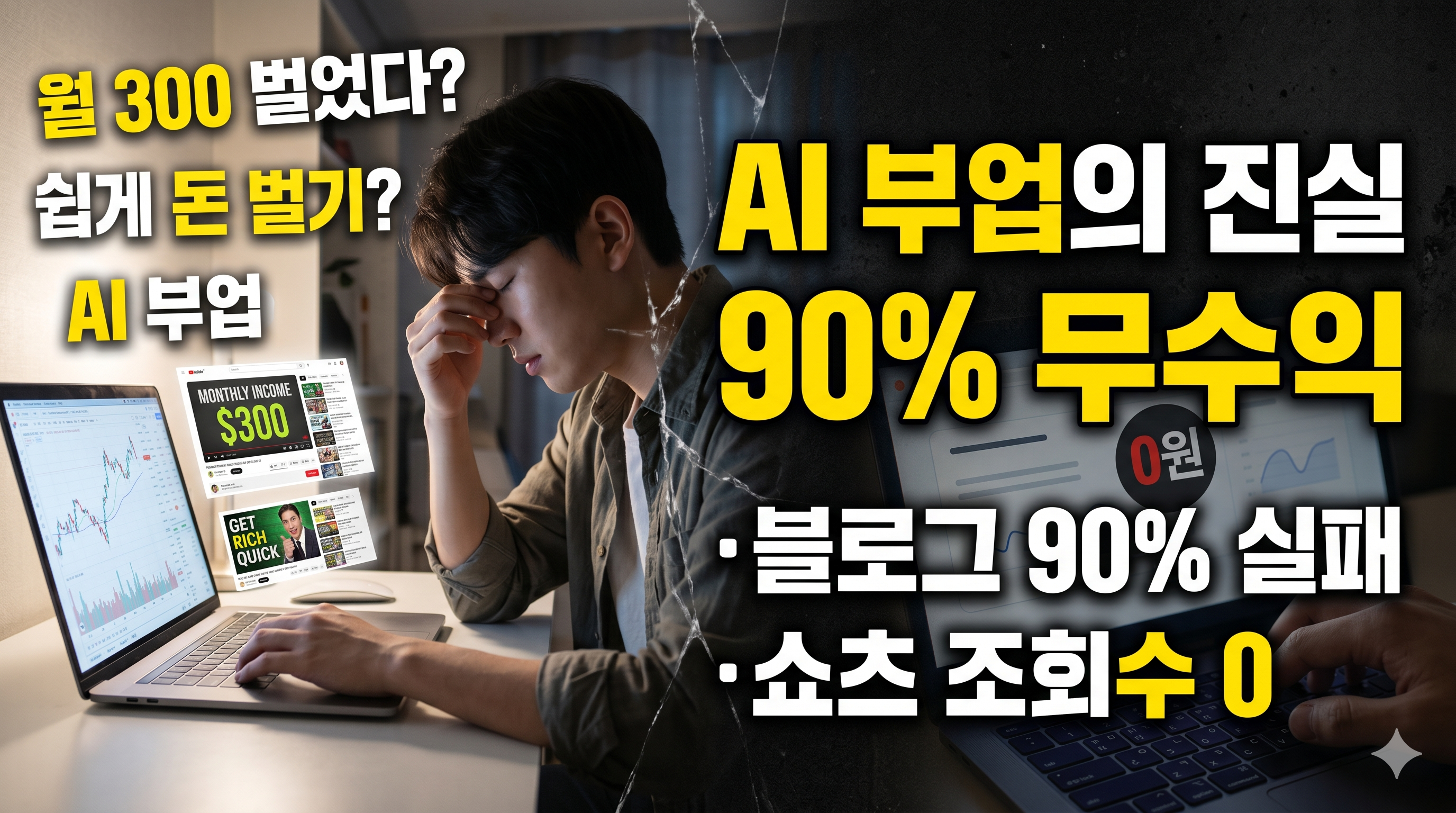 어두운 방 안에서 노트북을 보며 고민에 빠진 남자의 모습과 함께 'AI 부업의 진실, 90% 무수익, 블로그 실패, 쇼츠 조회수 0'이라는 경고 문구가 적힌 부업 실상 폭로 썸네일 이미지.