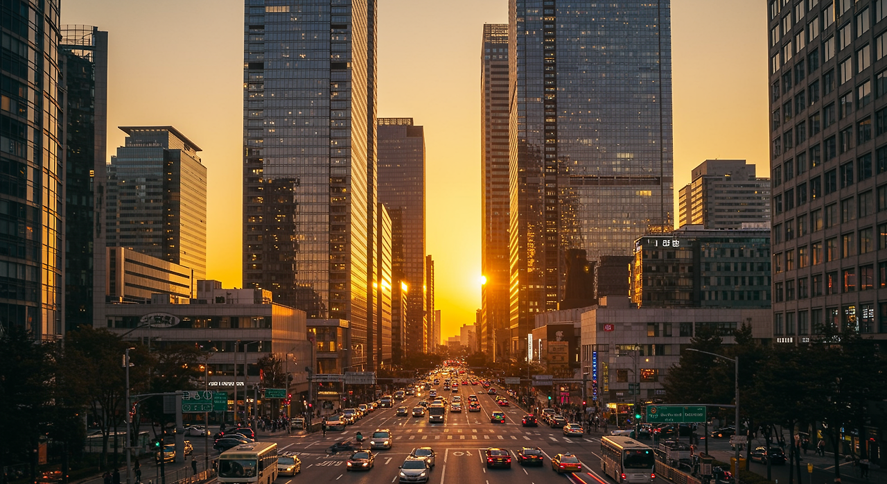 경제 성장을 상징하는 해질녘 서울 금융 지구 전경
