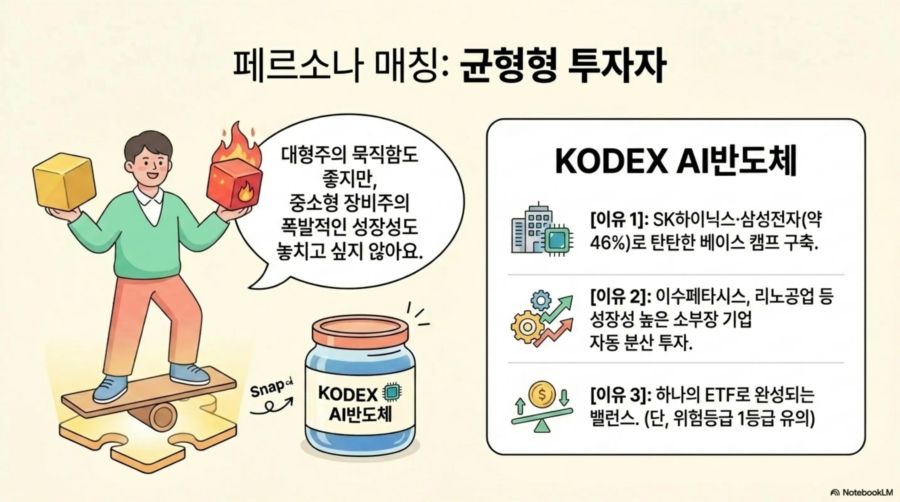 AI반도체ETF비교: 대장주 안정성과 중소형 장비주 성장성을 동시에 추구하는 균형형 투자자에게 KODEX AI반도체가 적합한 이유를 시소 위 인물 일러스트로 설명하는 인포그래픽. 블로그의 AI 반도체 ETF 투자 성향별 선택 가이드를 설명함
