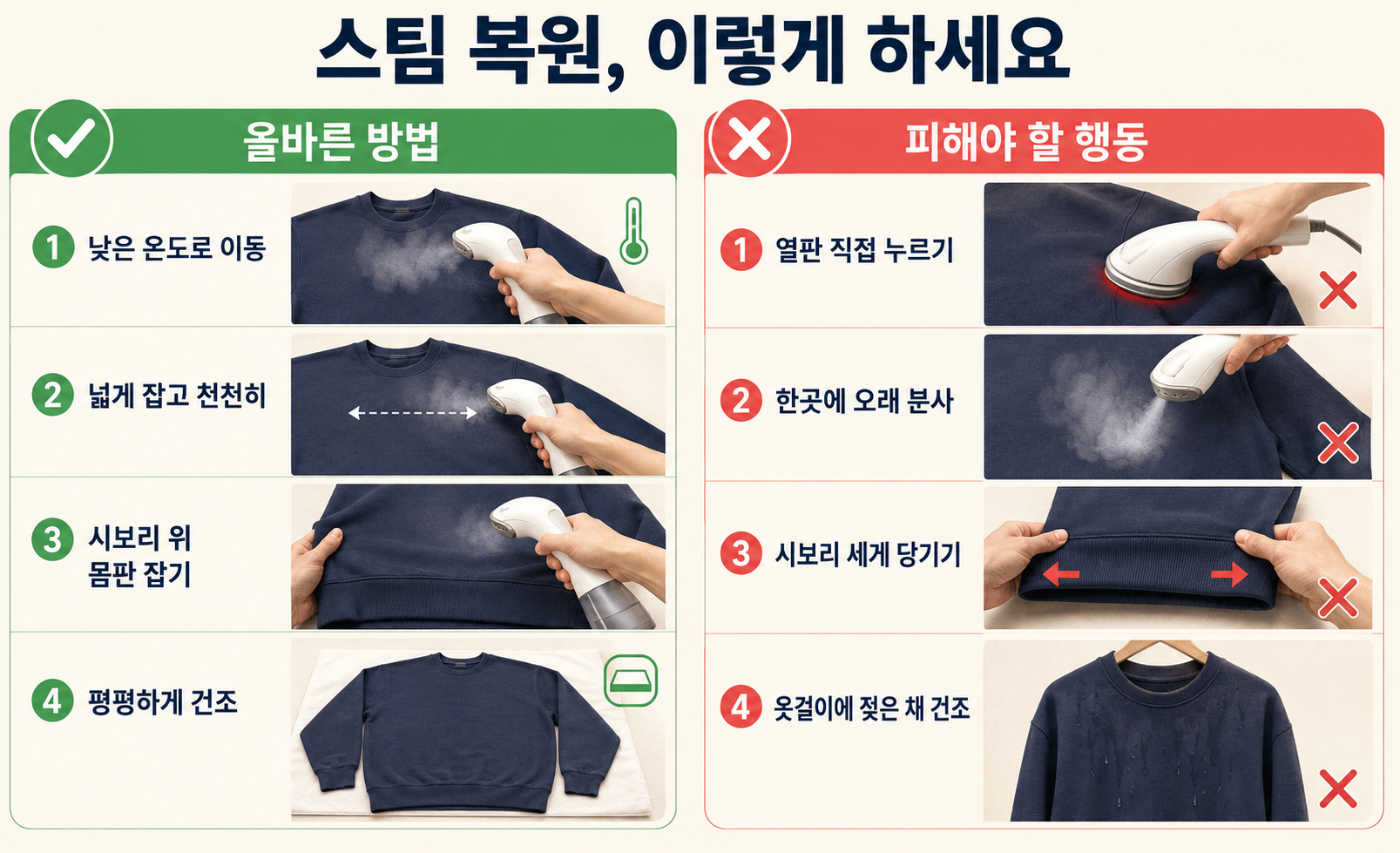 맨투맨 스팀 복원의 올바른 방법과 프린팅 및 시보리 손상 행동 비교