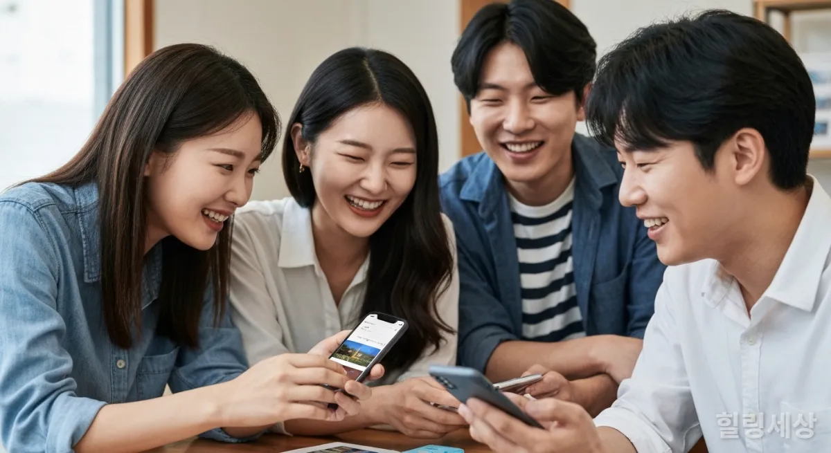 친구들이 모여 스마트폰으로 AI 추천 숙소를 비교하는 모습