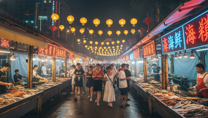 싱싱한 해산물과 현지 음식이 가득한 싼야 제일시장의 활기찬 밤 풍경
