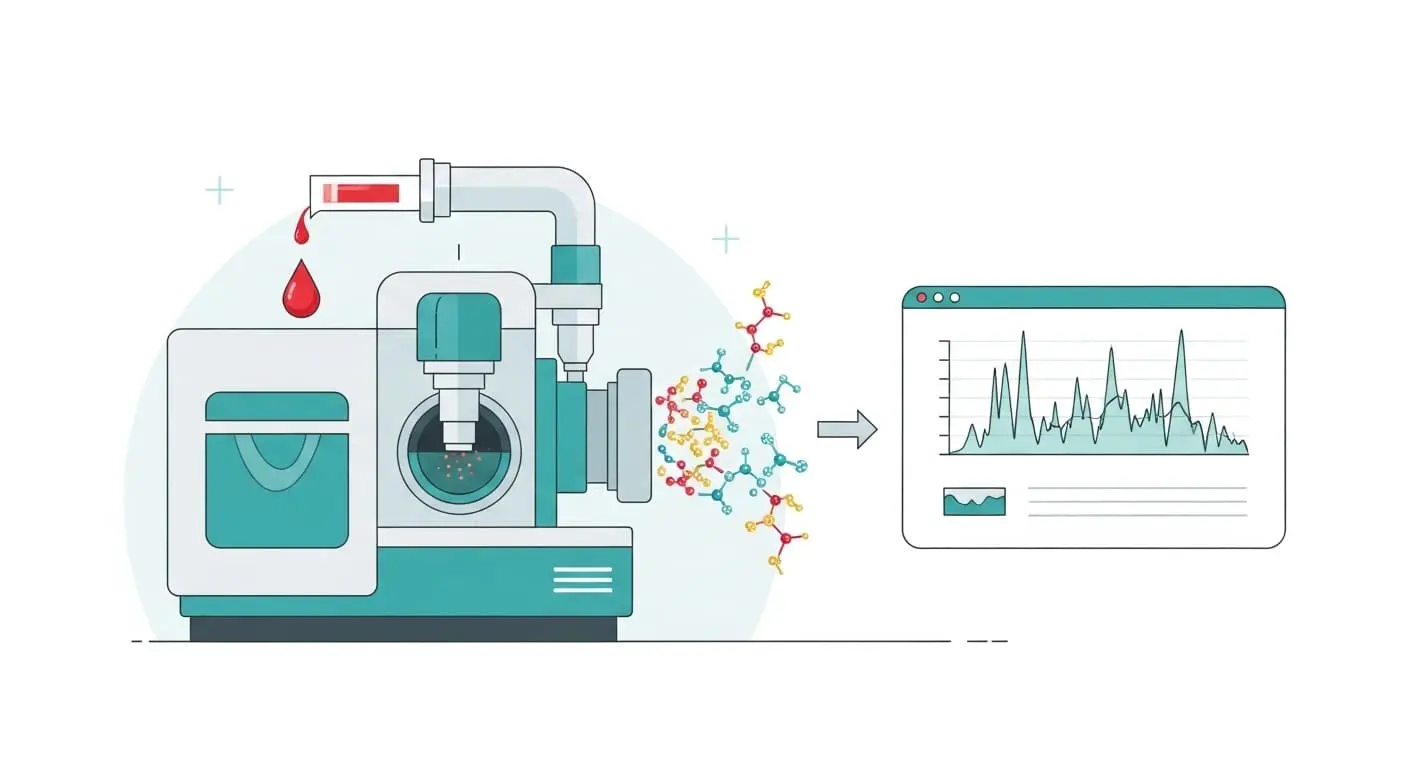 혈액 샘플 채취부터 질량 분석기를 통한 글리칸 구조 분석, 그리고 데이터 시각화까지 글리칸 분석 과정을 보여주는 깔끔한 인포그래픽.
