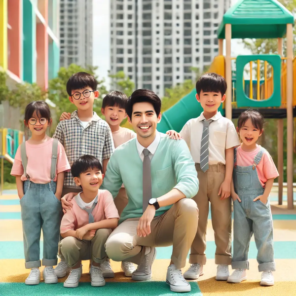 야외 놀이터에서 아이들과 함께 웃고 있는 동양인 남성 교사