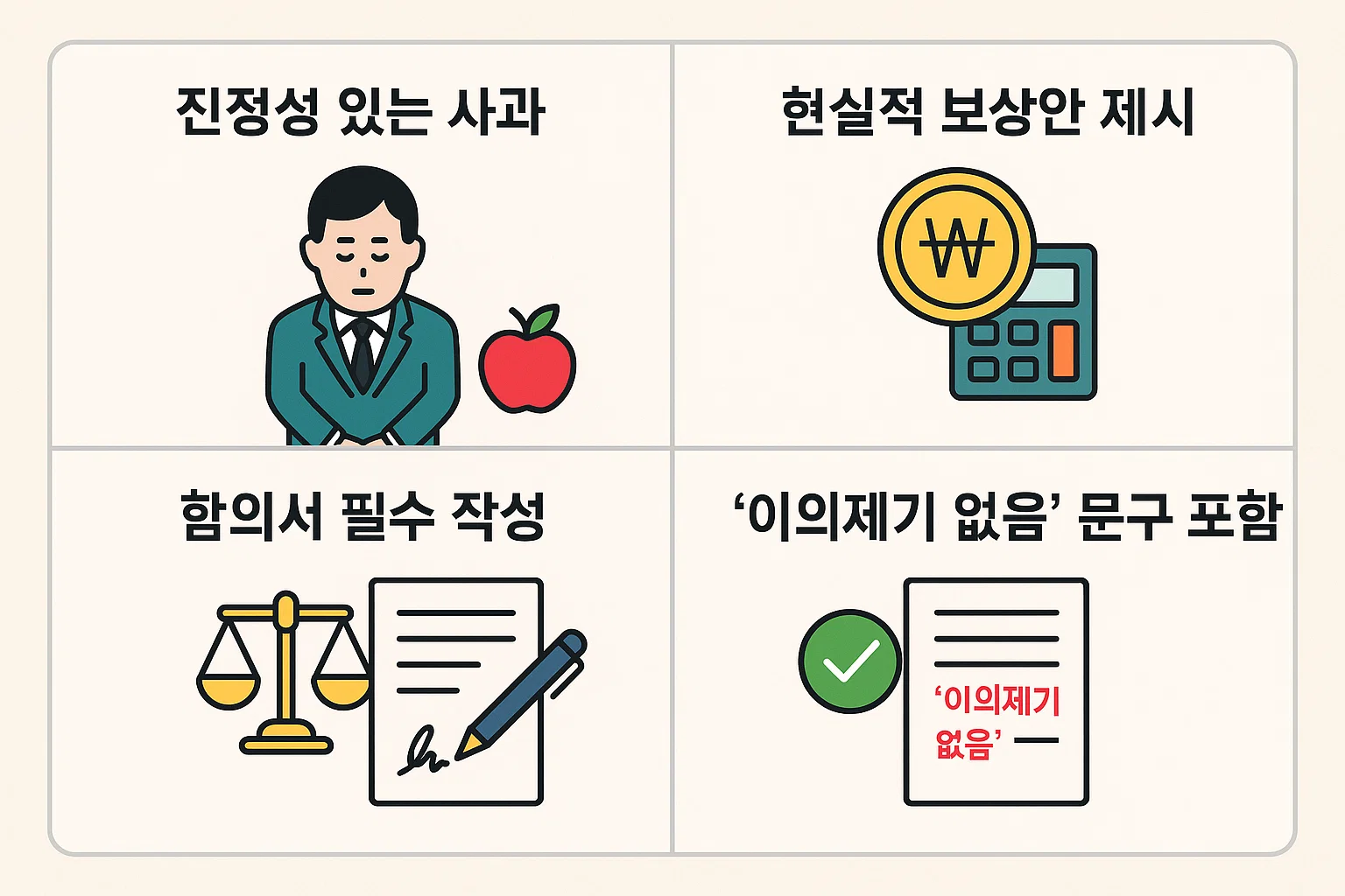 진정성 있는 사과, 현실적 보상안 제시, 합의서 필수 문구 포함 등 법적 효력을 갖춘 합의 진행 요령을 정리한 인포그래픽