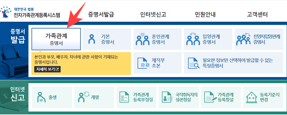 대한민국법원-전자가족관계등록시스템에서-증명서부분클릭하기