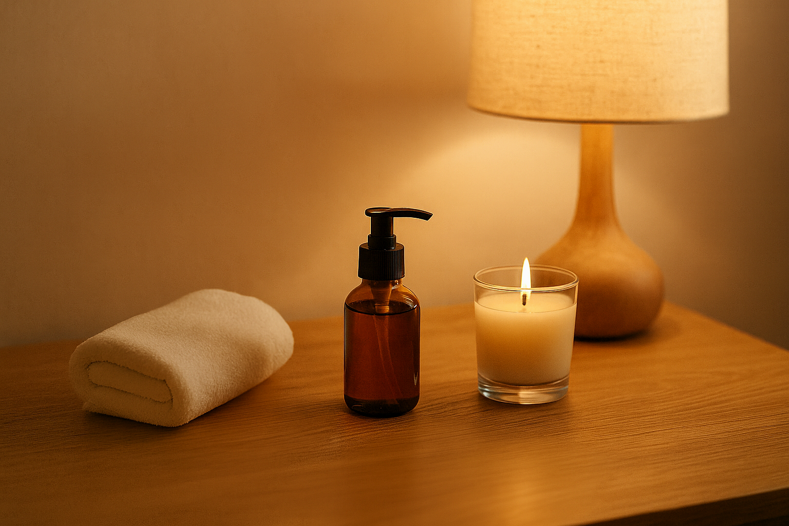 나무 테이블 위에 마사지 오일과 수건, 향초가 놓인 편안한 공간