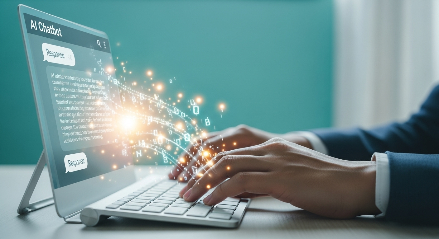 키보드 타이핑과 AI 챗봇 화면, 그리고 상호작용을 나타내는 데이터 흐름