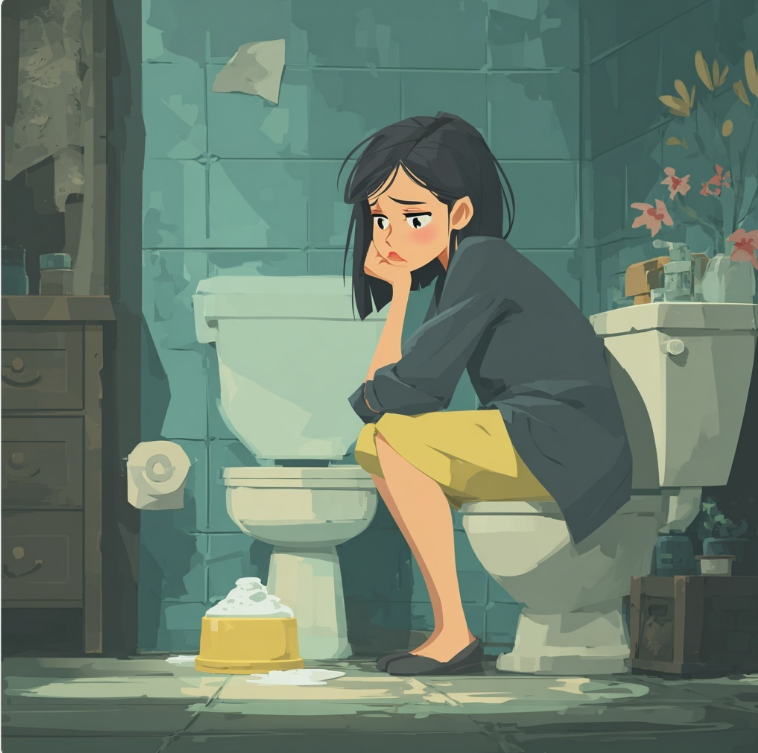 소변에 거품이 많이 낀것같은 의미의 일러스트