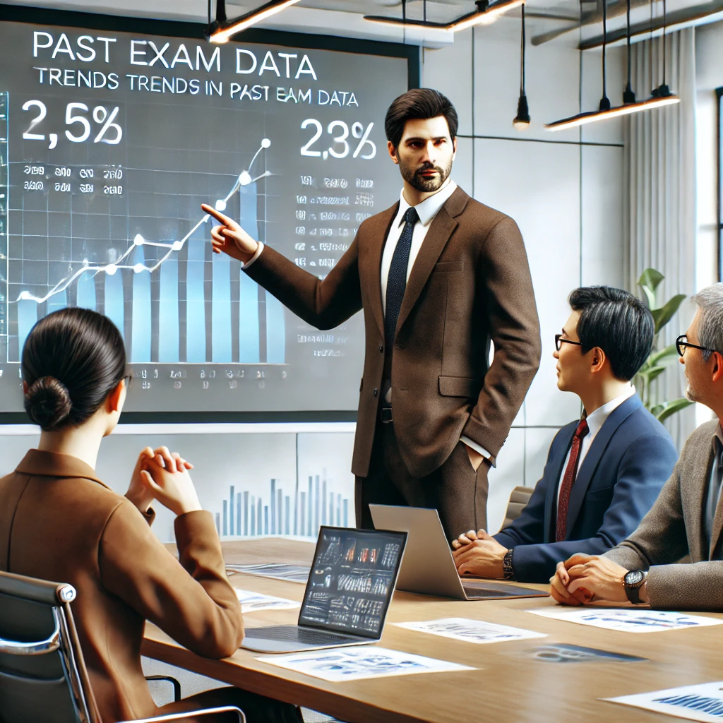 세미나실에서 기출문제 데이터를 화면에 표시하며 발표하는 중년 남성