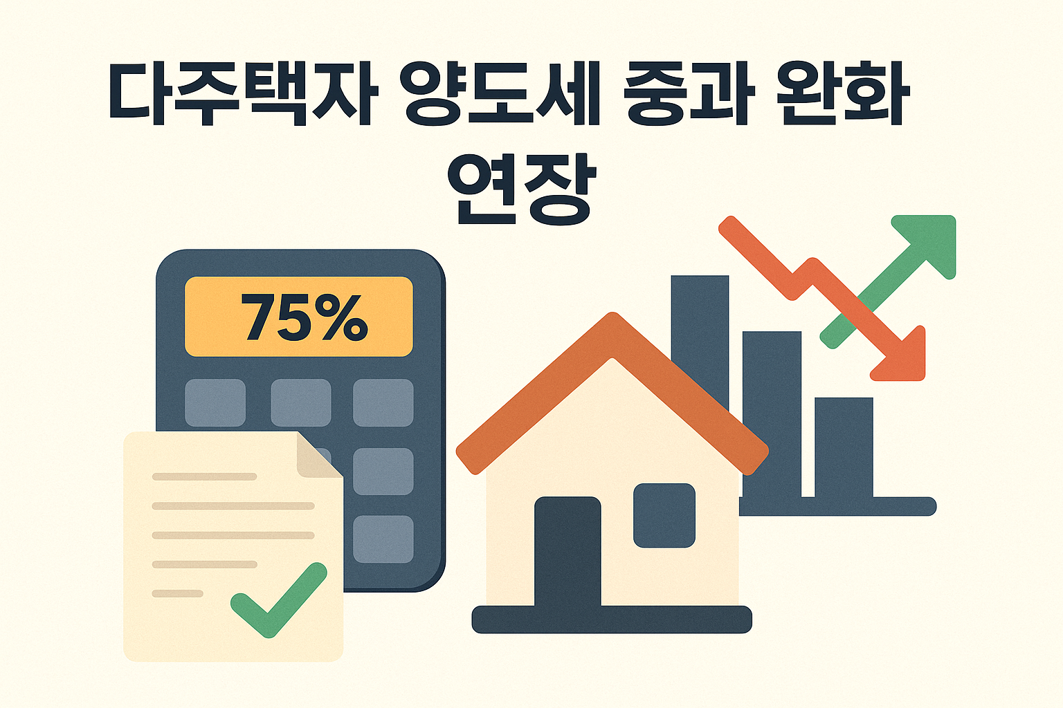 다주택자 양도세 중과세 완화 정책 연장 안내 이미지 – 계산기 75% 표시, 주택 아이콘, 상승·하락 그래프, 체크 표시된 서류 아이콘 포함