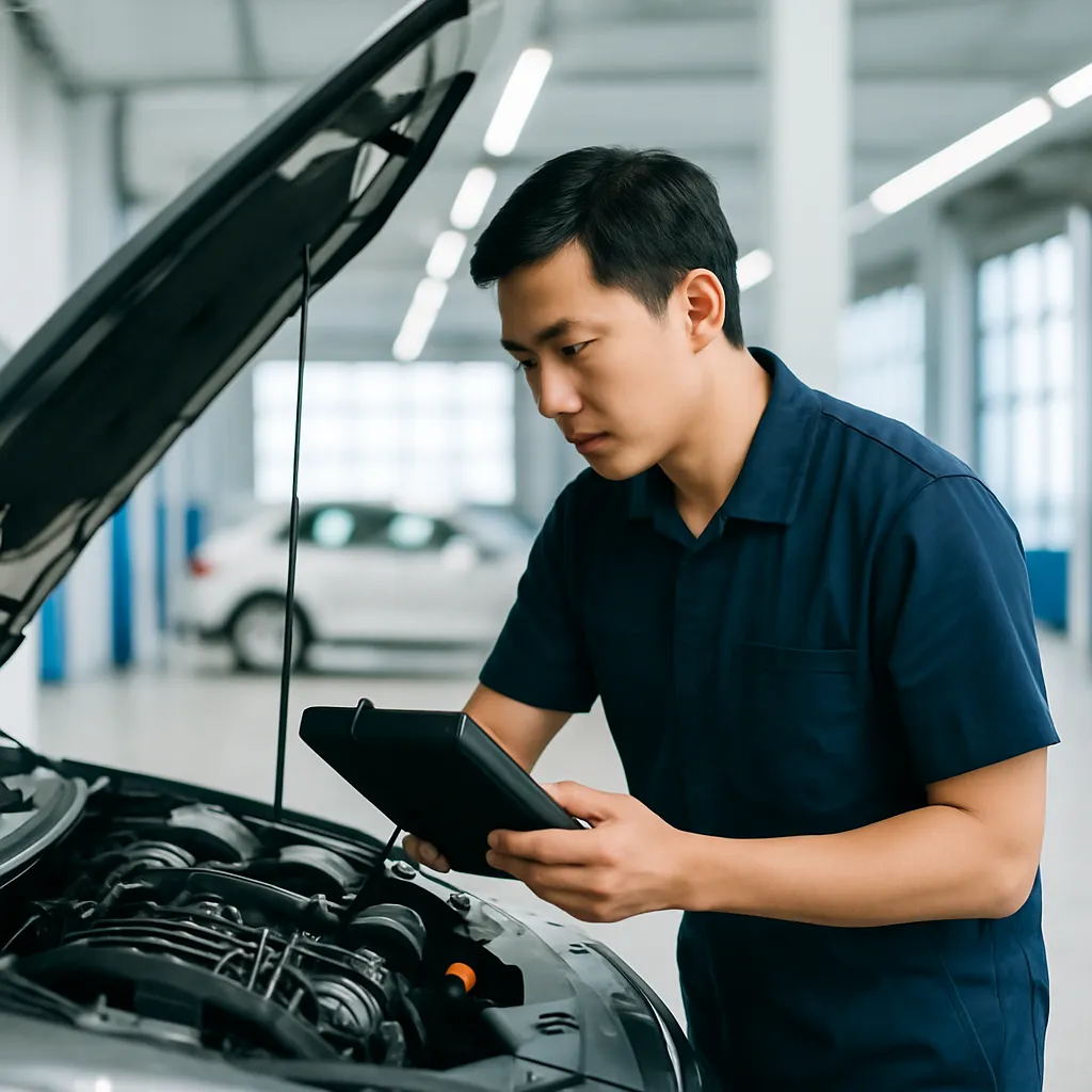정비사가 차량 엔진을 진단기로 점검하는 장면