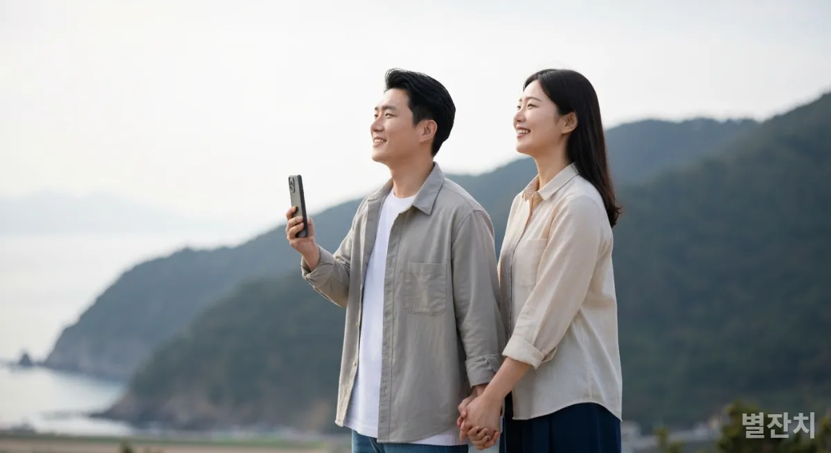 아름다운 자연 풍경을 바라보며 행복해하는 젊은 한국인 커플