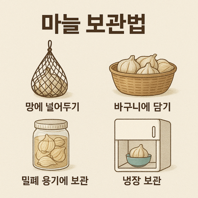 마늘을 보관하는 4가지 방법: 망에 넣기, 바구니 보관, 밀폐 용기 저장, 냉장 보관 일러스트