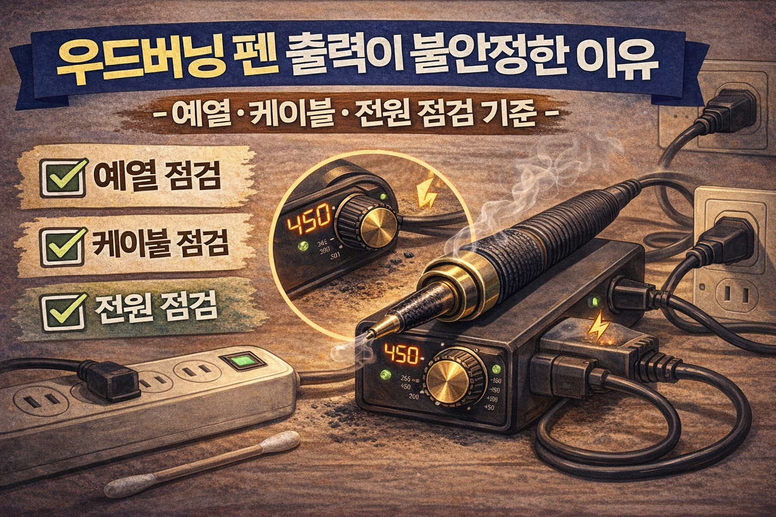 우드버닝 펜 출력이 불안정한 이유 &ndash; 예열&middot;케이블&middot;전원 점검 기준