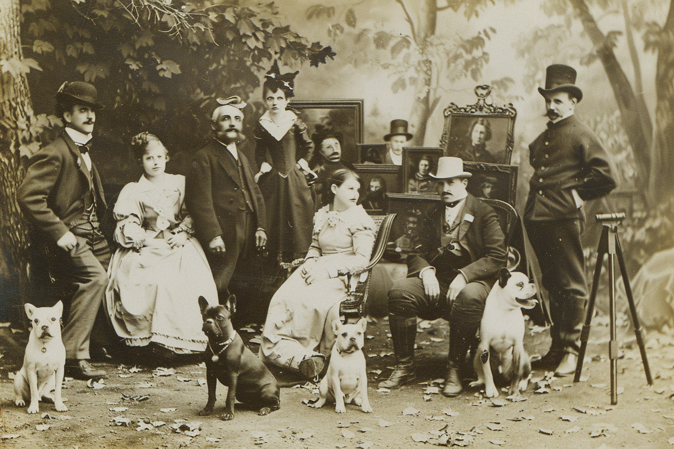 a vintage photo of French Bulldogs with Parisian artists