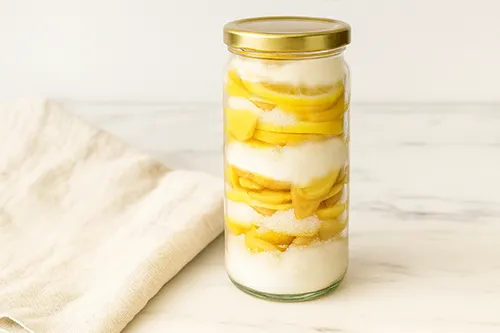 설탕과 레몬과 생강을 섞은 재료를 유리병에 담기