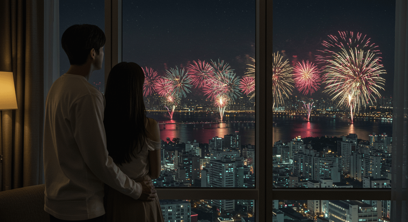 호텔 창가에서 불꽃놀이를 바라보는 한국인 커플 3