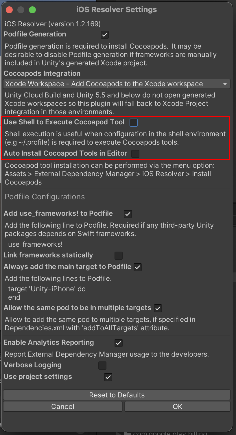 AutoInstallCocoapodToolsinEditor해제