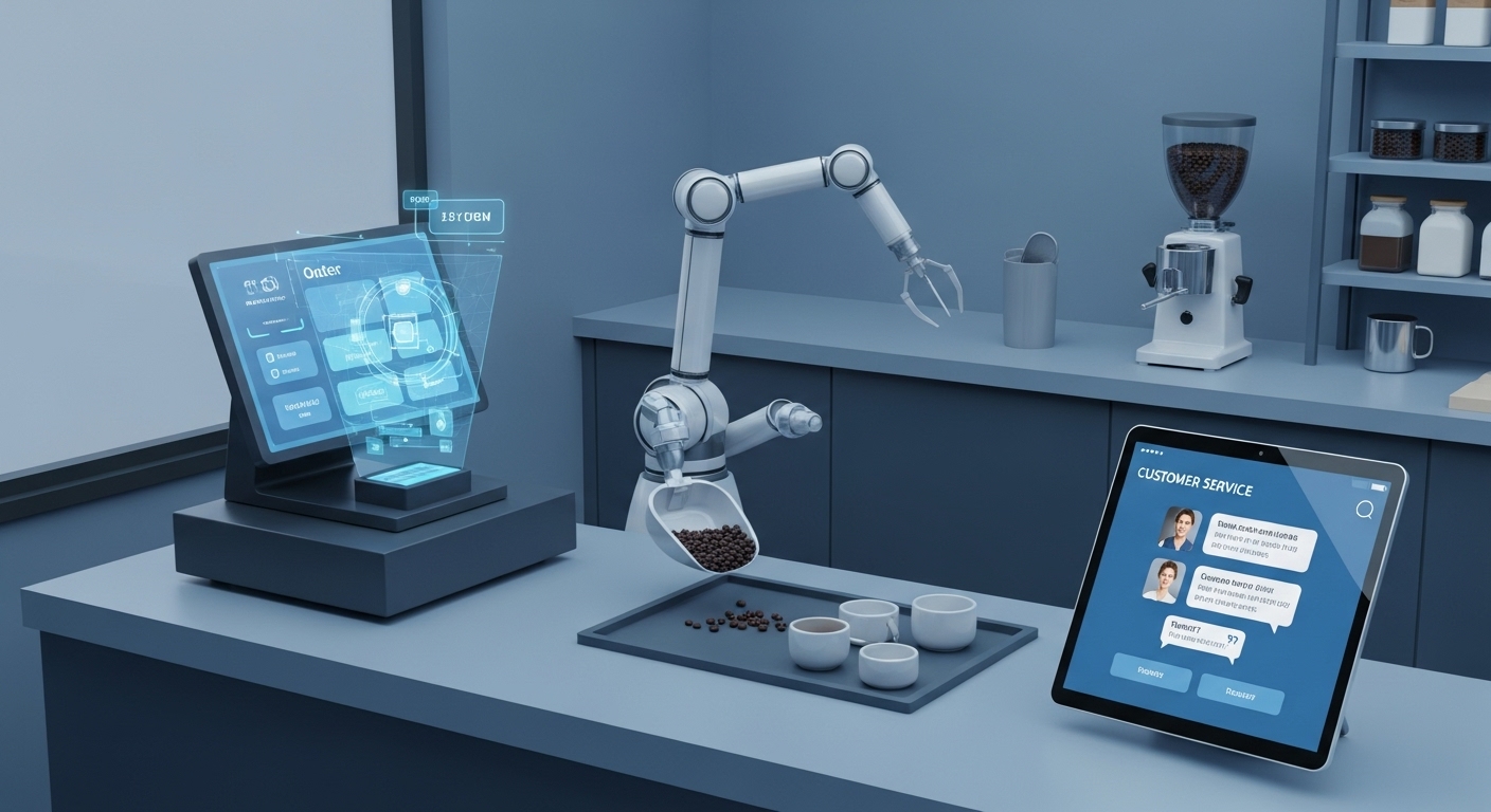 소상공인 매장에 AI 기반 스마트 POS 시스템과 챗봇이 효율적으로 통합된 모습.